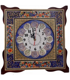 Horloge carrée en khatamkari 40 cm fleur et oiseau