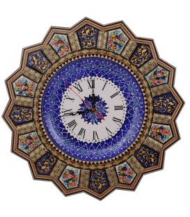 Horloge en forme de soleil en khatamkari 42 cm fleur et oiseau
