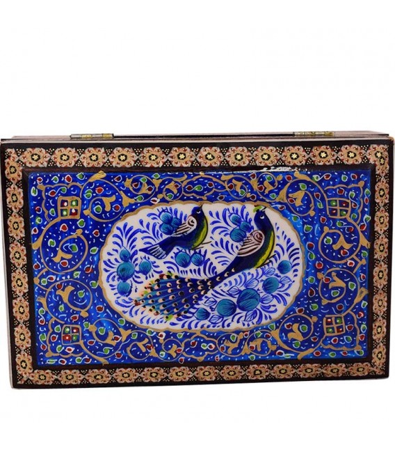 جعبه جواهرات خاتم کاری با نقاشی گل و مرغ برجسته و اسلیمی